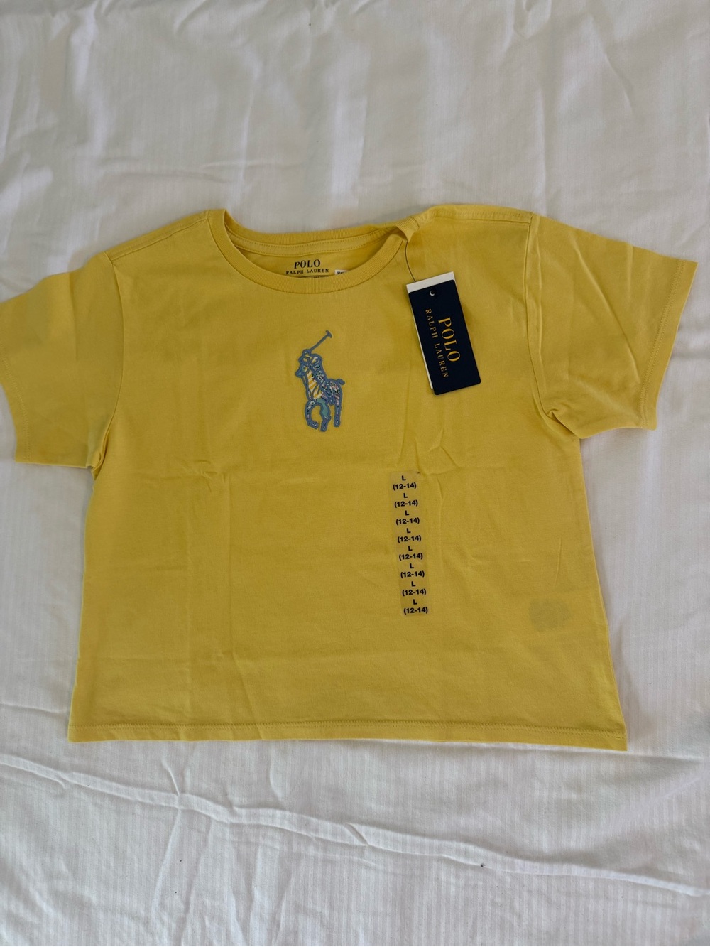 New girls Polo Ralph Lauren Sz L 12-14 Yellow Tee with Blue Pony Embroidery